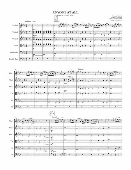 Anyone At All By Carole King For String Quartet And Orchestra Full Score And Parts Sheet Music