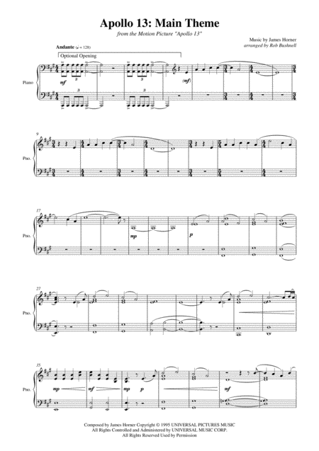 Free Sheet Music Apollo 13 Main Theme James Horner Solo Piano