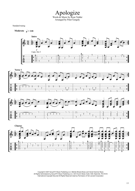 Apologize Fingerstyle Guitar Sheet Music