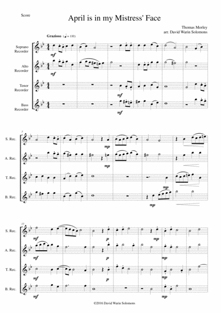 Free Sheet Music April Is In My Mistress Face For Recorder Quartet