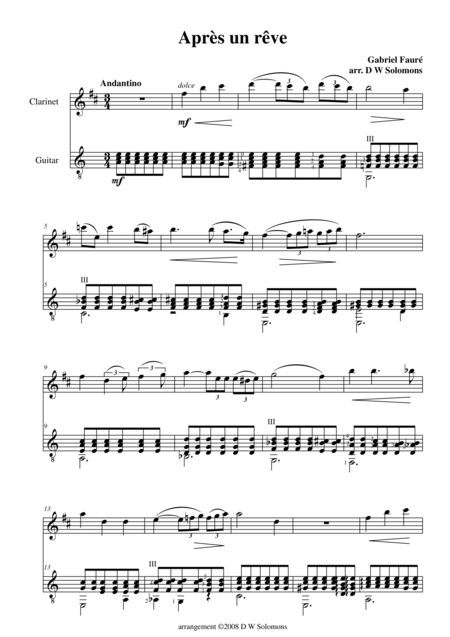 Free Sheet Music Aprs Un Rve After A Dream Clarinet And Guitar