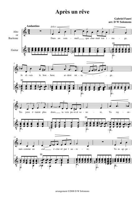 Free Sheet Music Aprs Un Rve Low Voice And Classical Guitar