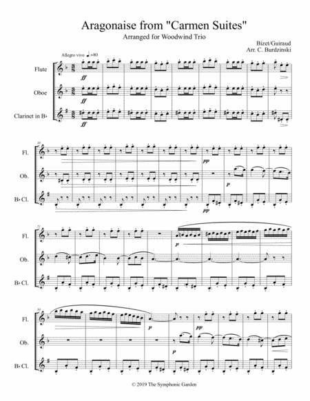 Free Sheet Music Aragonaise From Carmen Woodwind Trio Flute Oboe Clarinet