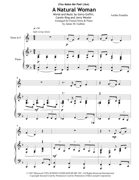 Aretha Franklin You Make Me Feel Like A Natural Woman For French Horn Piano Sheet Music