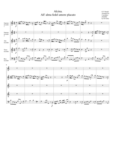 Aria All Alma Fedel Amore Placato From Alcina Arrangement For 5 Recorders Sheet Music