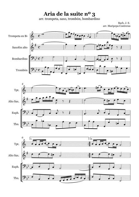 Aria De La Suite N 3 Bach Trumpet Alto Saxophone Euphonium Trombone Sheet Music