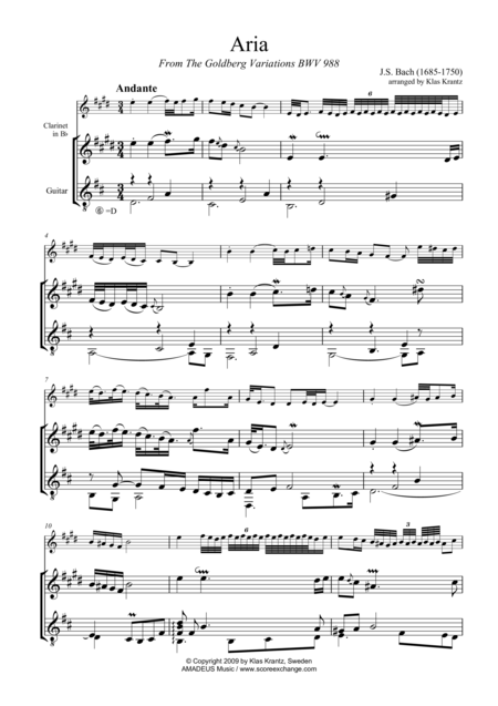 Free Sheet Music Aria Goldberg Var For Clarinet In Bb And Guitar