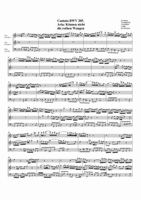 Free Sheet Music Aria Knnen Nicht Die Rothen Wangen From Cantata Bwv 205 Arrangement For 3 Recorders