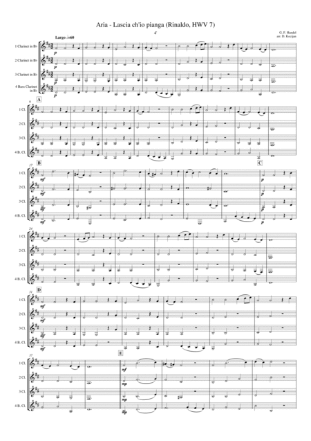 Free Sheet Music Aria Lascia Ch Io Pianga Clarinet Quartet