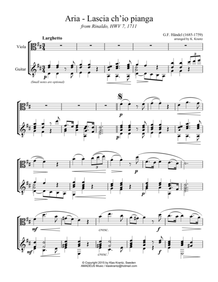 Aria Lascia Ch Io Pianga For Viola And Guitar Sheet Music