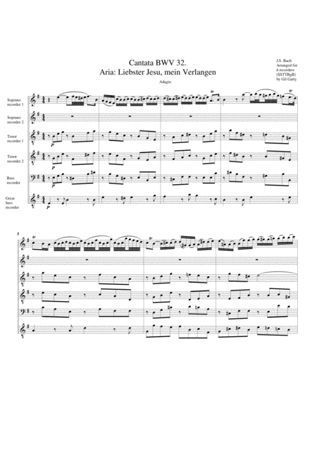 Aria Liebster Jesu Mein Verlangen From Cantata Bwv 32 Version In E Arrangement For 6 Recorders Sheet Music