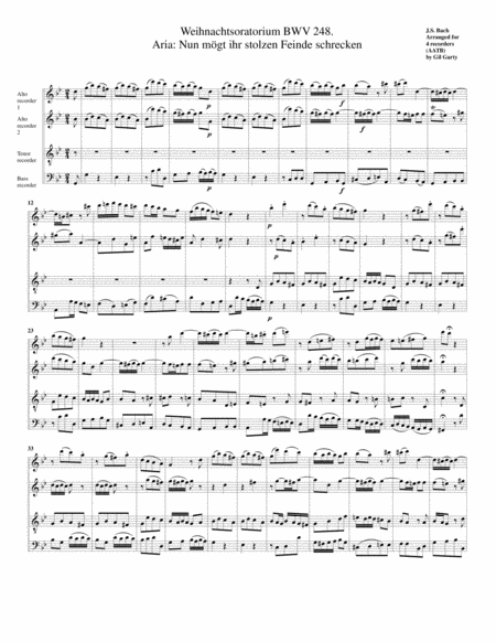 Aria Nun Mgt Ihr Stolzen Feinde Schrecken From Weihnachtsoratorium Bwv 248 Arrangement For 4 Recorders Sheet Music