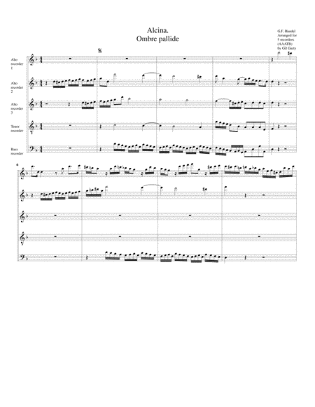 Aria Ombre Pallide From Alcina Arrangement For 5 Recorders Sheet Music