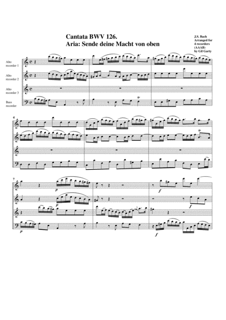 Aria Sende Deine Macht Von Oben From Cantata Bwv 126 Arrangement For 4 Recorders Sheet Music