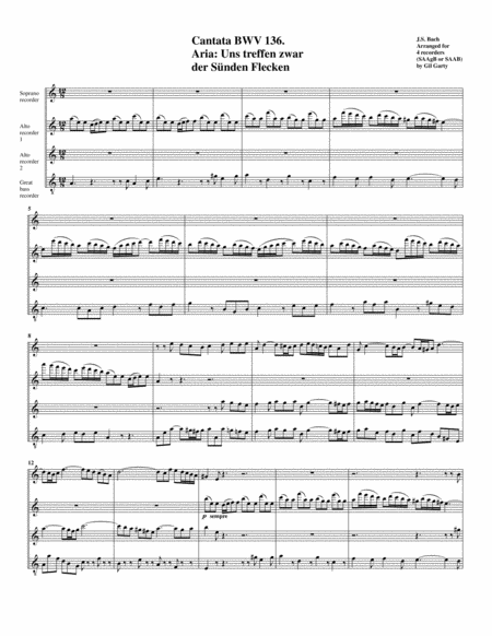 Aria Uns Treffen Zwar Der Snden Flecken From Cantata Bwv 136 Arrangement For 4 Recorders Sheet Music