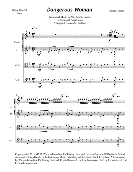 Ariana Grande Dangerous Woman For String Quartet Sheet Music