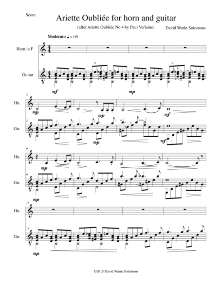 Ariette Oublie For Horn And Guitar Sheet Music