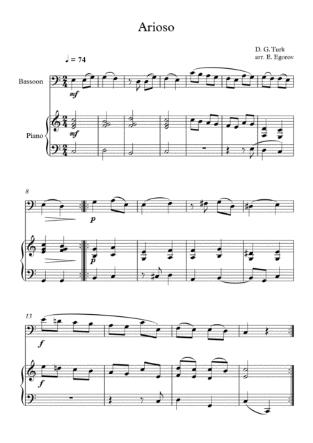 Arioso Daniel Gottlob Turk For Bassoon Piano Sheet Music