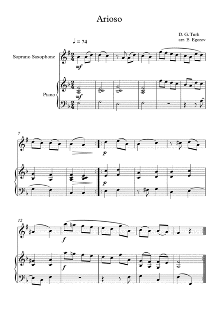 Arioso Daniel Gottlob Turk For Soprano Saxophone Piano Sheet Music