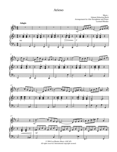 Arioso Js Bach For Alto Saxophone And Piano Sheet Music