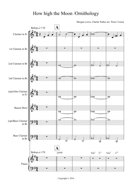 Free Sheet Music Arrangement Of How High The Moon And Ornithology C Parker For Clarinet Quintet