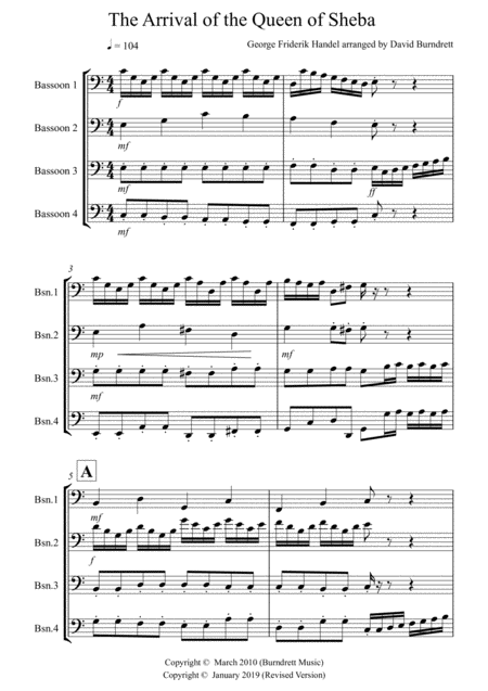 Arrival Of The Queen Of Sheba For Bassoon Quartet Sheet Music