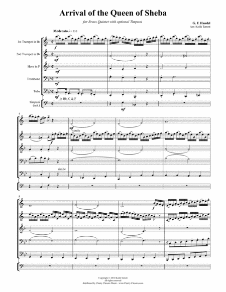 Arrival Of The Queen Of Sheba For Brass Quintet Sheet Music