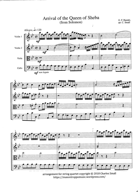 Arrival Of The Queen Of Sheba From Solomon String Quartet Score Sheet Music