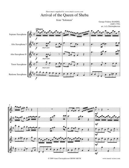 Free Sheet Music Arrival Of The Queen Of Sheba Sax Quintet Soprano Sax 2 Alto Sax Tenor Sax And Baritone Sax