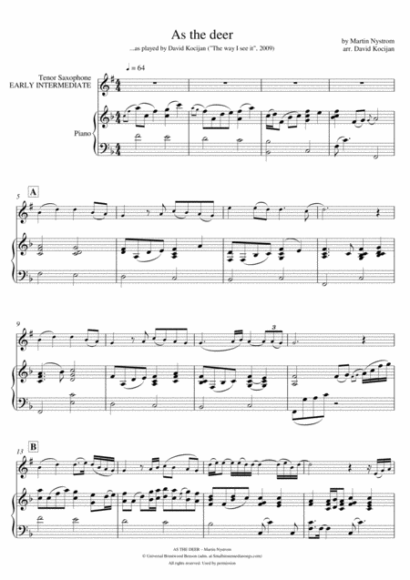 As The Deer Piano Tenor Sax Early Intermediate Sheet Music