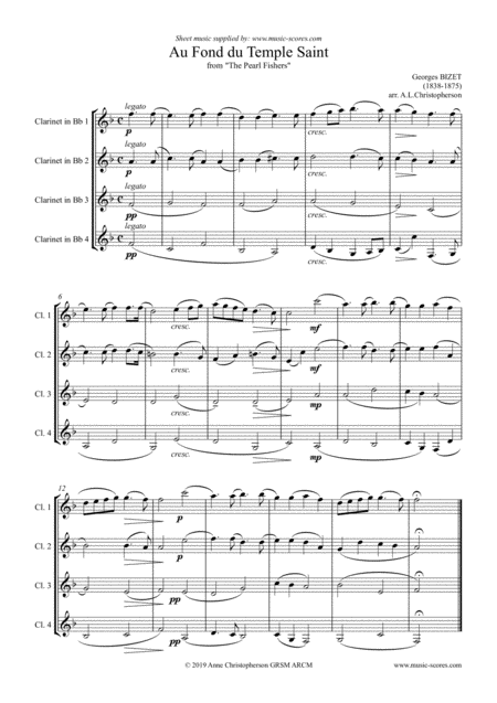 Free Sheet Music Au Fond Du Temple Saint Theme Only From The Pearl Fishers Clarinet Quartet