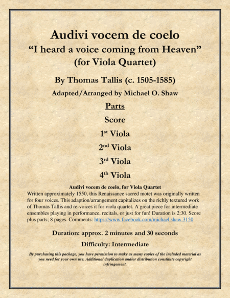 Audivi Vocem De Coelo I Heard A Voice Coming From Heaven By Thomas Tallis For Viola Quartet Sheet Music