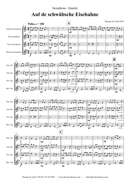 Auf Der Schbsche Eisebahne Swabian Anthem Oktoberfest Saxophone Quartet Sheet Music