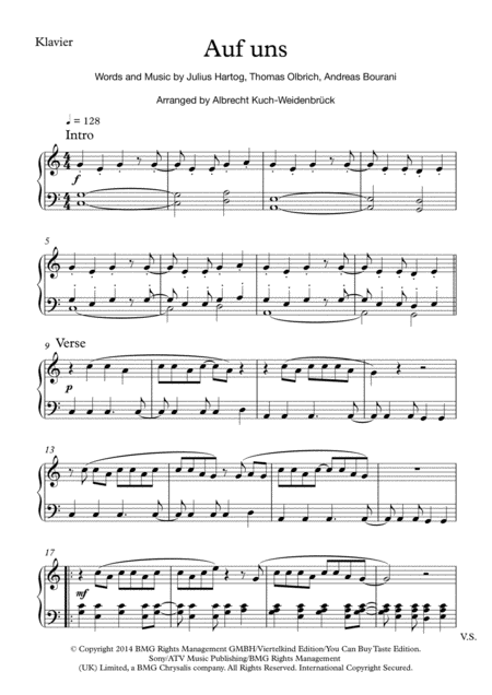 Free Sheet Music Auf Uns Andreas Bourani Piano Solo