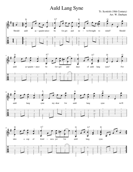 Auld Lang Syne Fingerstyle Guitar Tab Notation Lyrics Sheet Music