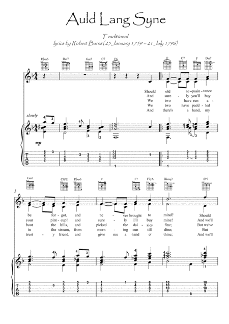 Auld Lang Syne Guitar Fingerstyle Sheet Music