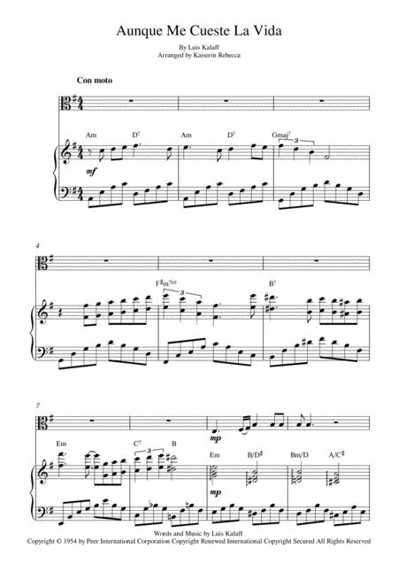 Free Sheet Music Aunque Me Cueste La Vida Viola Solo And Piano Accompaniment With Chords