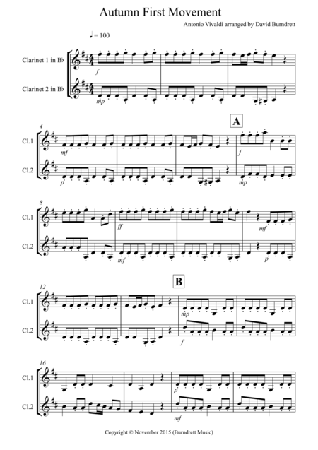 Free Sheet Music Autumn Four Seasons For Clarinet Duet