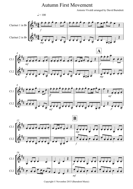 Autumn Four Seasons For Clarinet Duet Sheet Music