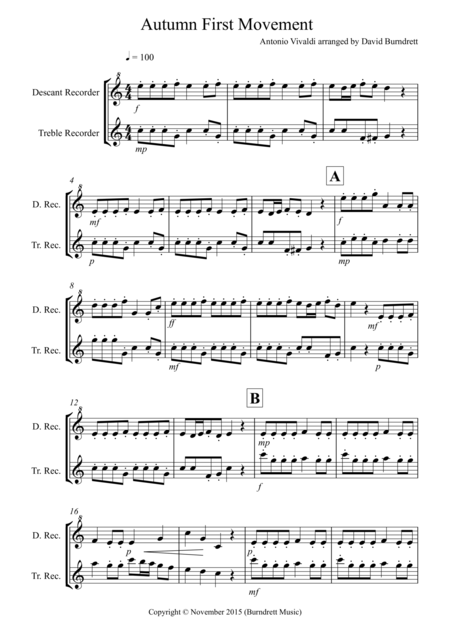 Free Sheet Music Autumn Four Seasons For Recorder Duet