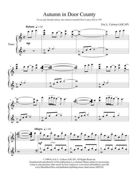 Free Sheet Music Autumn In Door County Piano Solo By Eric Carlson