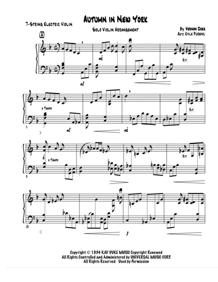 Autumn In New York For 6 7 String Violin Sheet Music