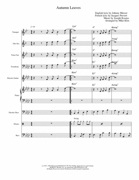 Autumn Leaves By Joseph Kosma For Jazz Combo Sheet Music