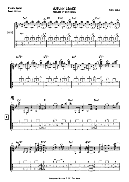 Autumn Leaves Dave Niskin Solo Guitar Arrangement Sheet Music