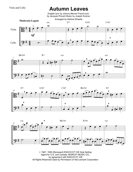 Free Sheet Music Autumn Leaves For Viola And Cello Duo