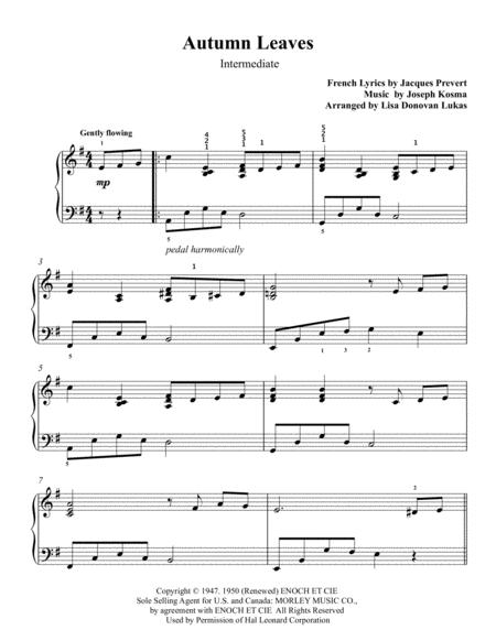 Autumn Leaves Intermediate Solo Piano Sheet Music