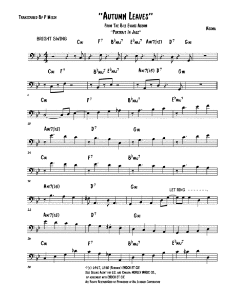 Autumn Leaves Scott Lafaro Bass Transcription Sheet Music