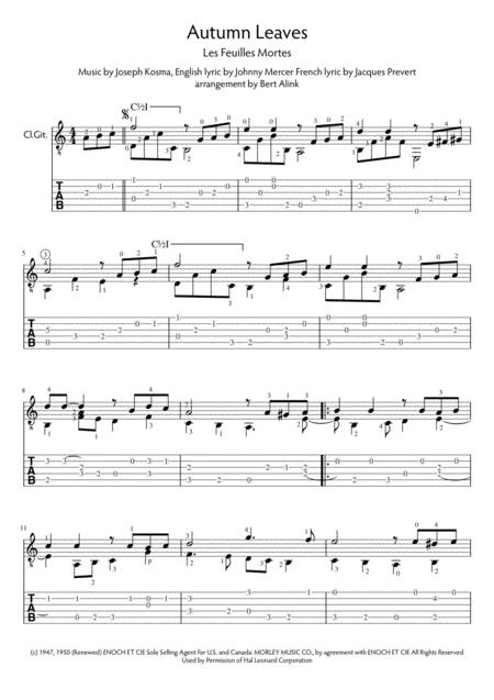 Free Sheet Music Autumn Leaves Std Notation And Tablature