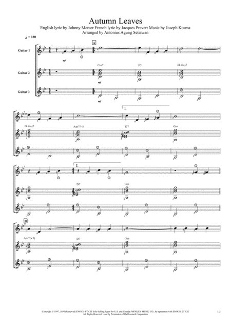 Autumn Leaves Trio Guitar Score Sheet Music