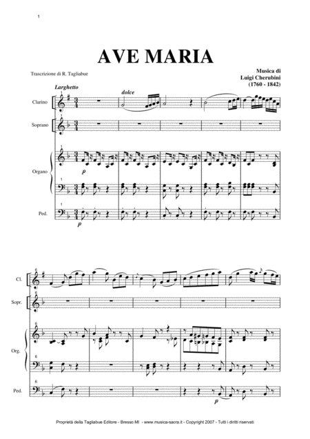 Ave Maria By Cherubini For Soprano Clarinet In Bb And Organ Sheet Music